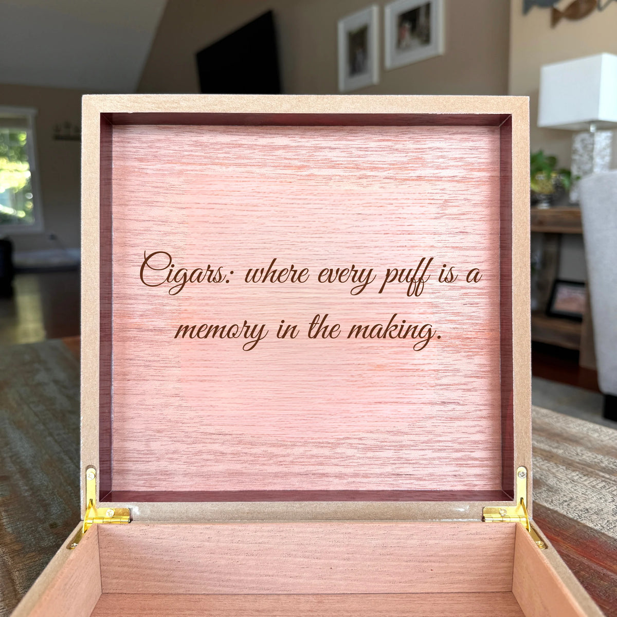 Engraved wooden cigar box with custom name and personalized message, cedar-lined interior