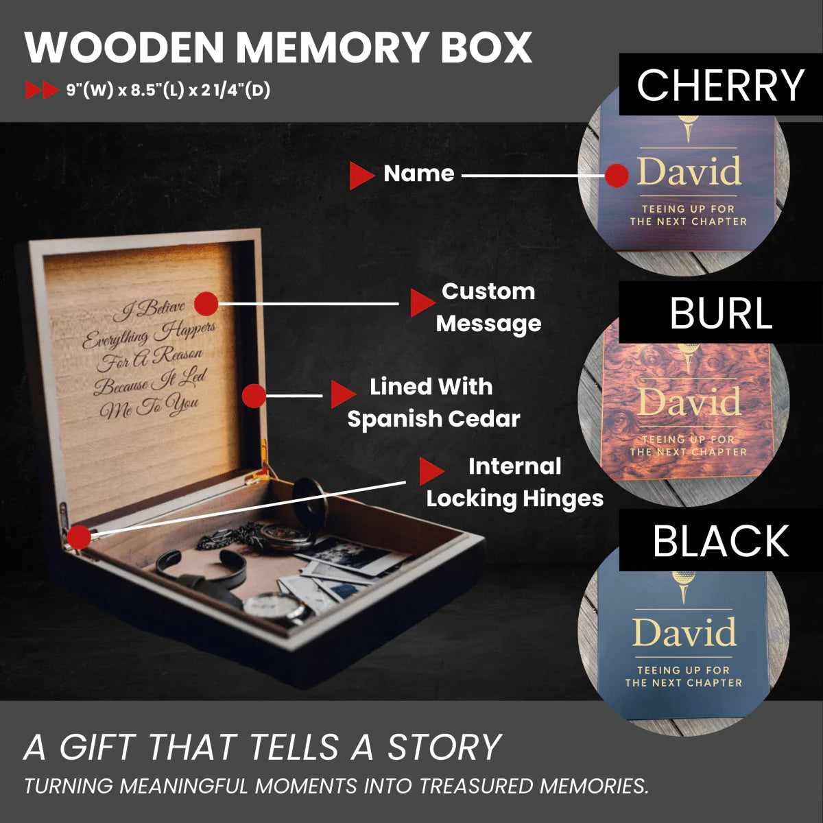 Wooden golf retirement memory box with custom name and engraved message