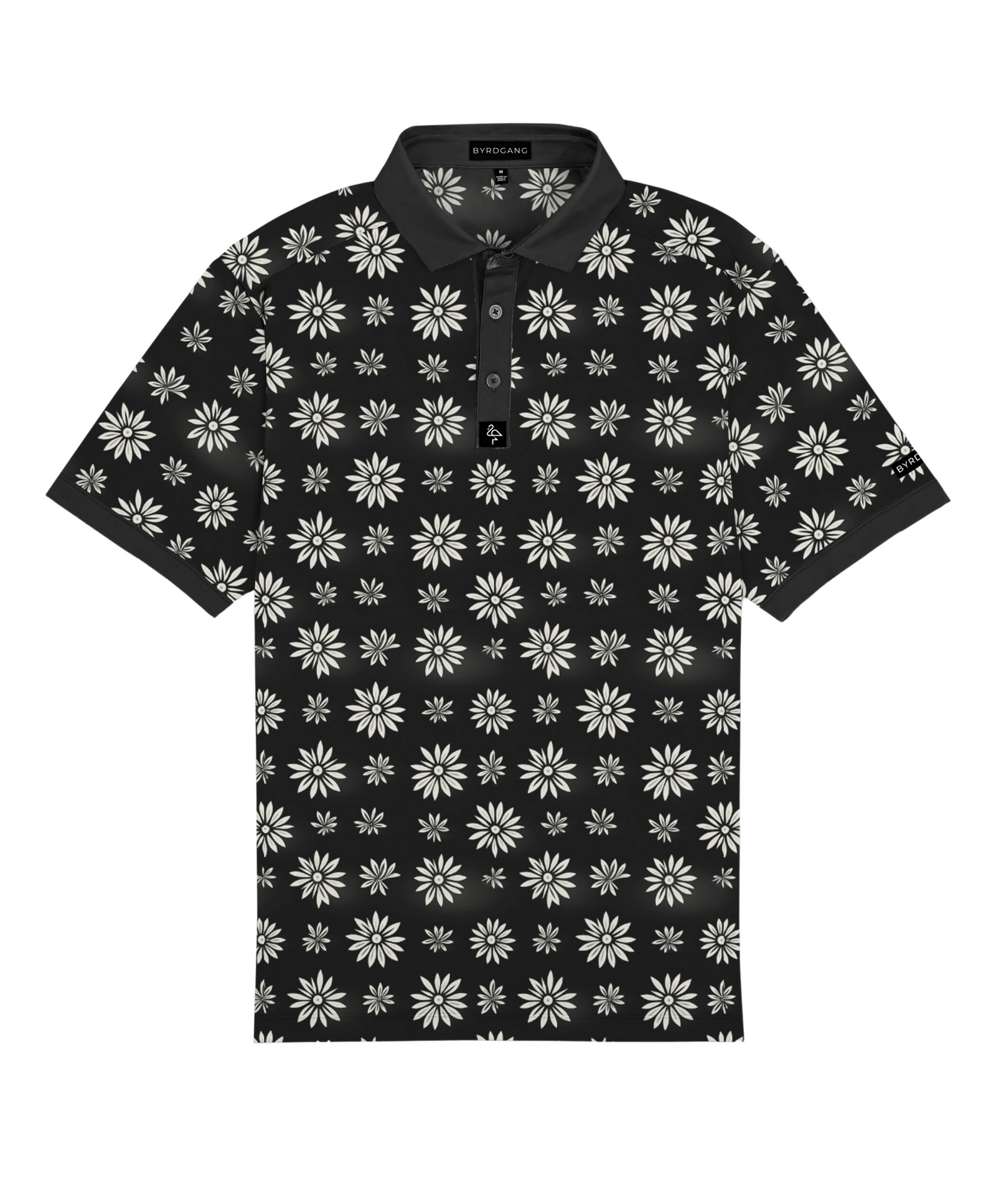 Men’s dark navy polo with white and grey daisy floral print – bold, breathable, stretch-performance ready.