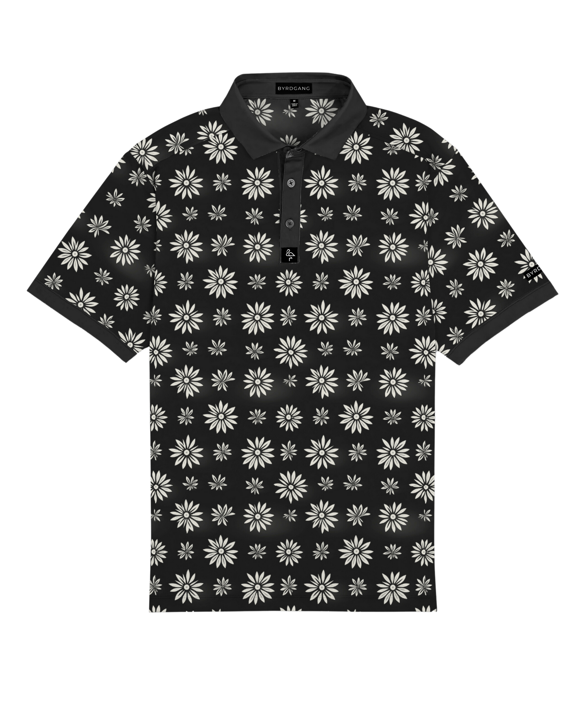 Men’s dark navy polo with white and grey daisy floral print – bold, breathable, stretch-performance ready.