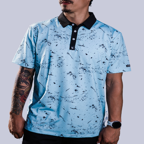 Men’s deep blue polo with subtle water‑ripple texture – breathable, stretch fit with moisture control and wrinkle resistance.