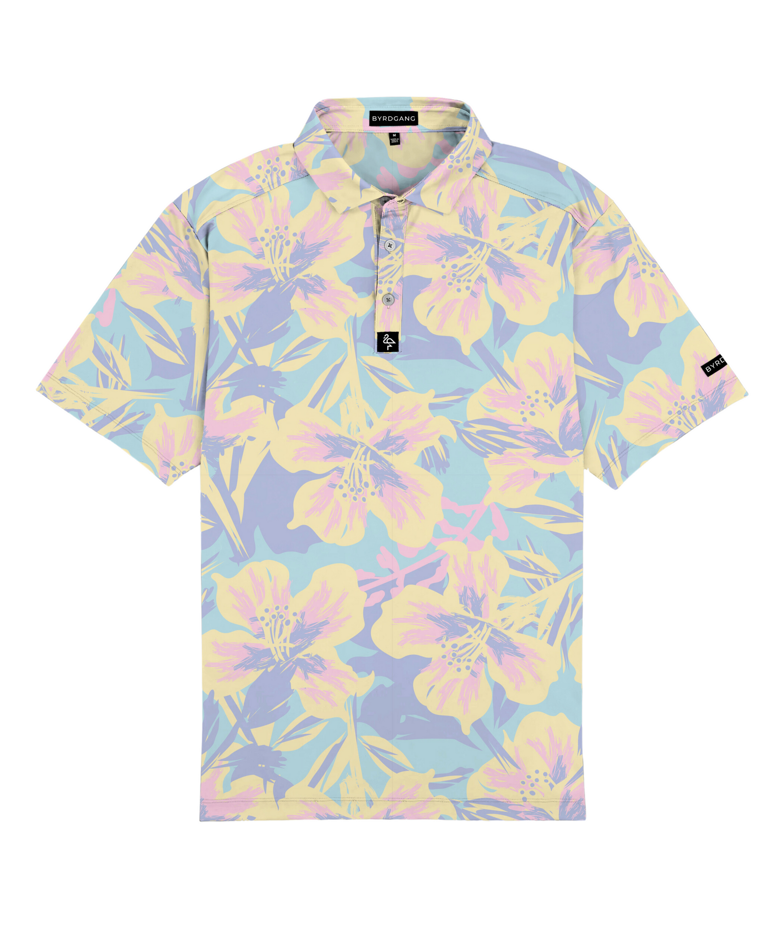Men's off-white polo with pastel watercolor petal print – floral elegance with performance stretch and sun protection.
