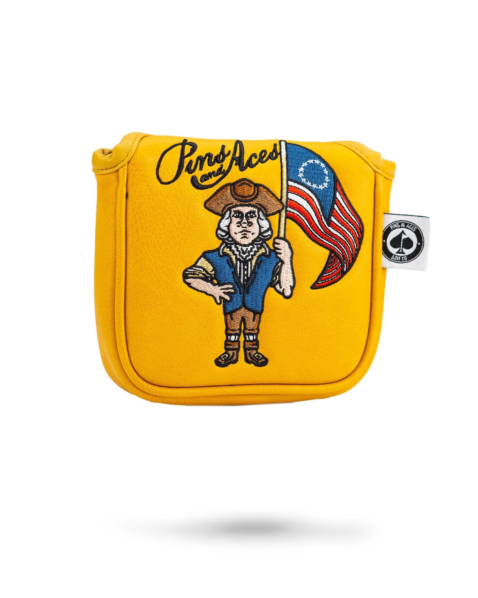 Yellow mallet golf putter cover with Founding Father and American flag design
