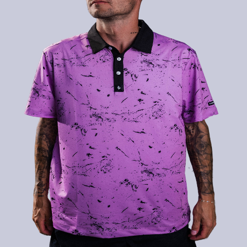 Men’s soft pink polo with light drip texture pattern – breathable, stretch-performance shirt with subtle visual depth.
