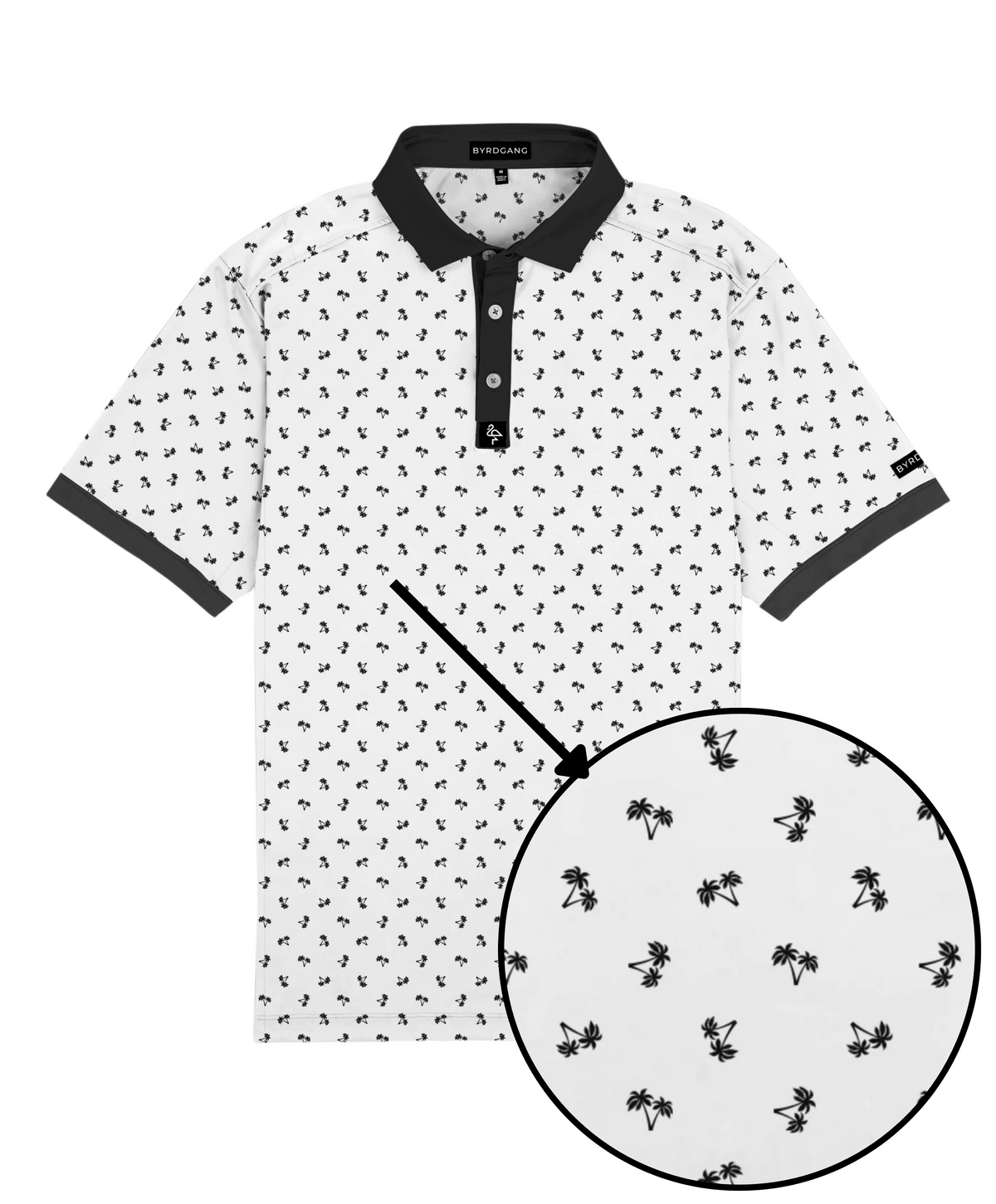 Men’s white polo with small navy palm leaf print and contrast collar – tropical-infused, stretch-performance ready.