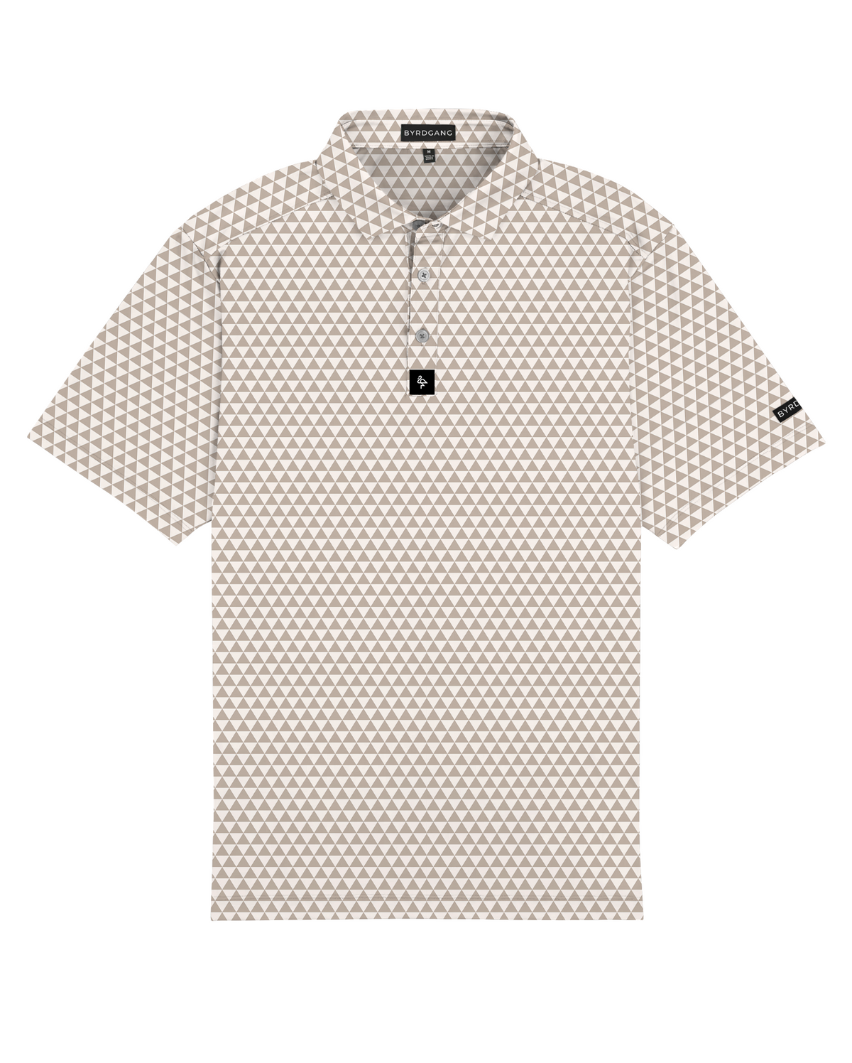 Modern beige polo with a subtle triangle pattern, 4-way stretch, moisture-wicking, UPF 50+, and wrinkle resistance for all-day comfort.