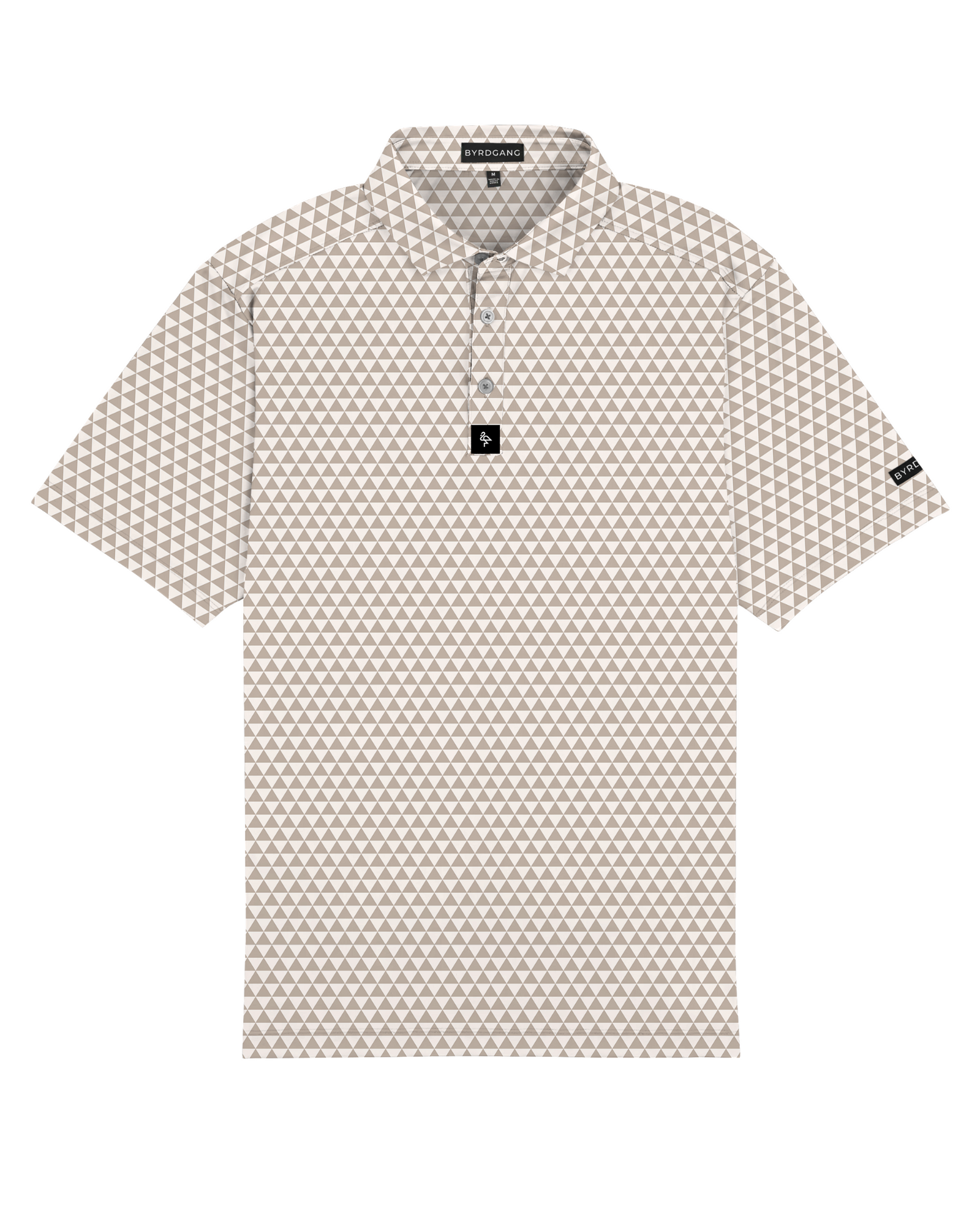 Modern beige polo with a subtle triangle pattern, 4-way stretch, moisture-wicking, UPF 50+, and wrinkle resistance for all-day comfort.