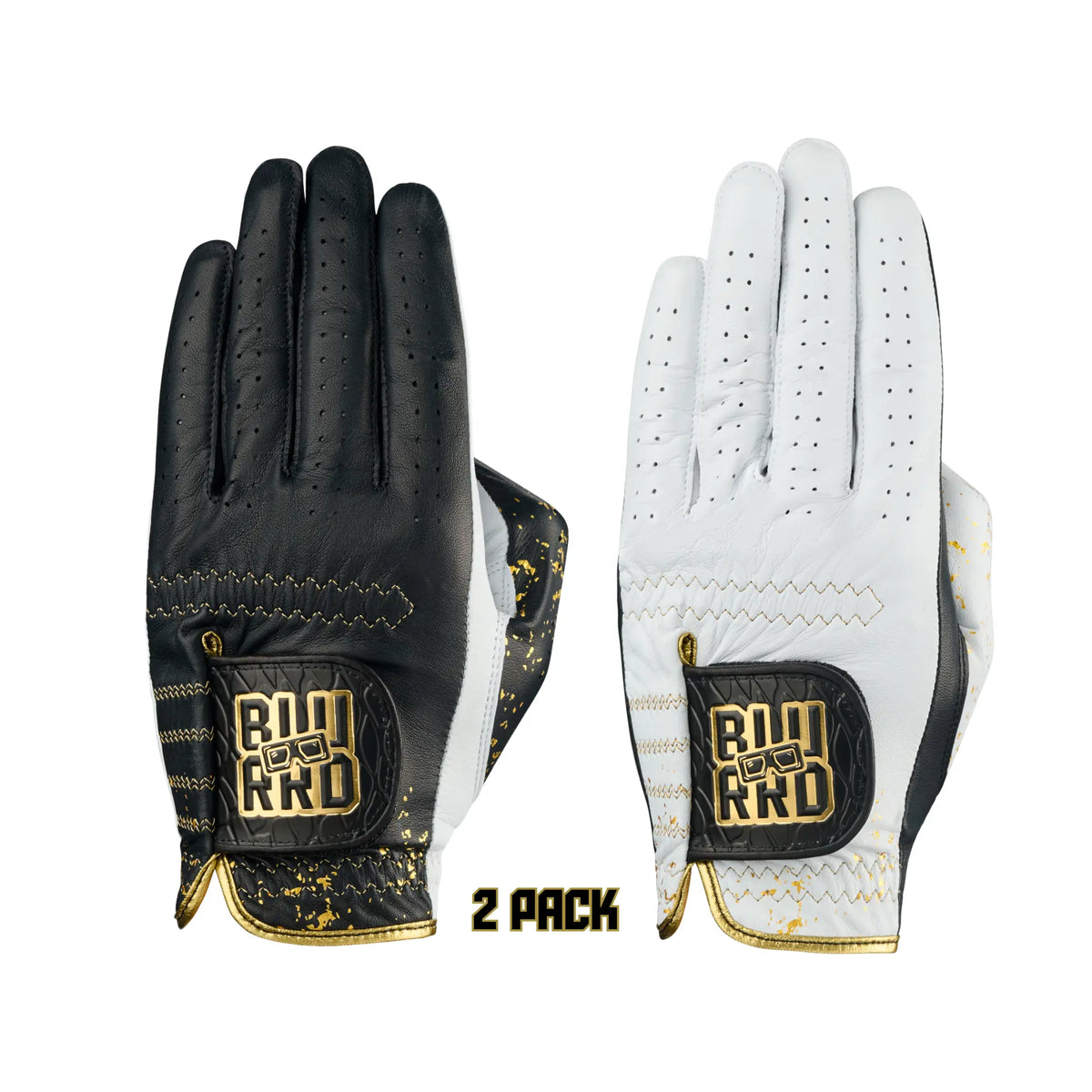 Black and white cabretta leather golf gloves with 24K gold-leaf accents and gold metallic stitching, sold as a 2-pack
