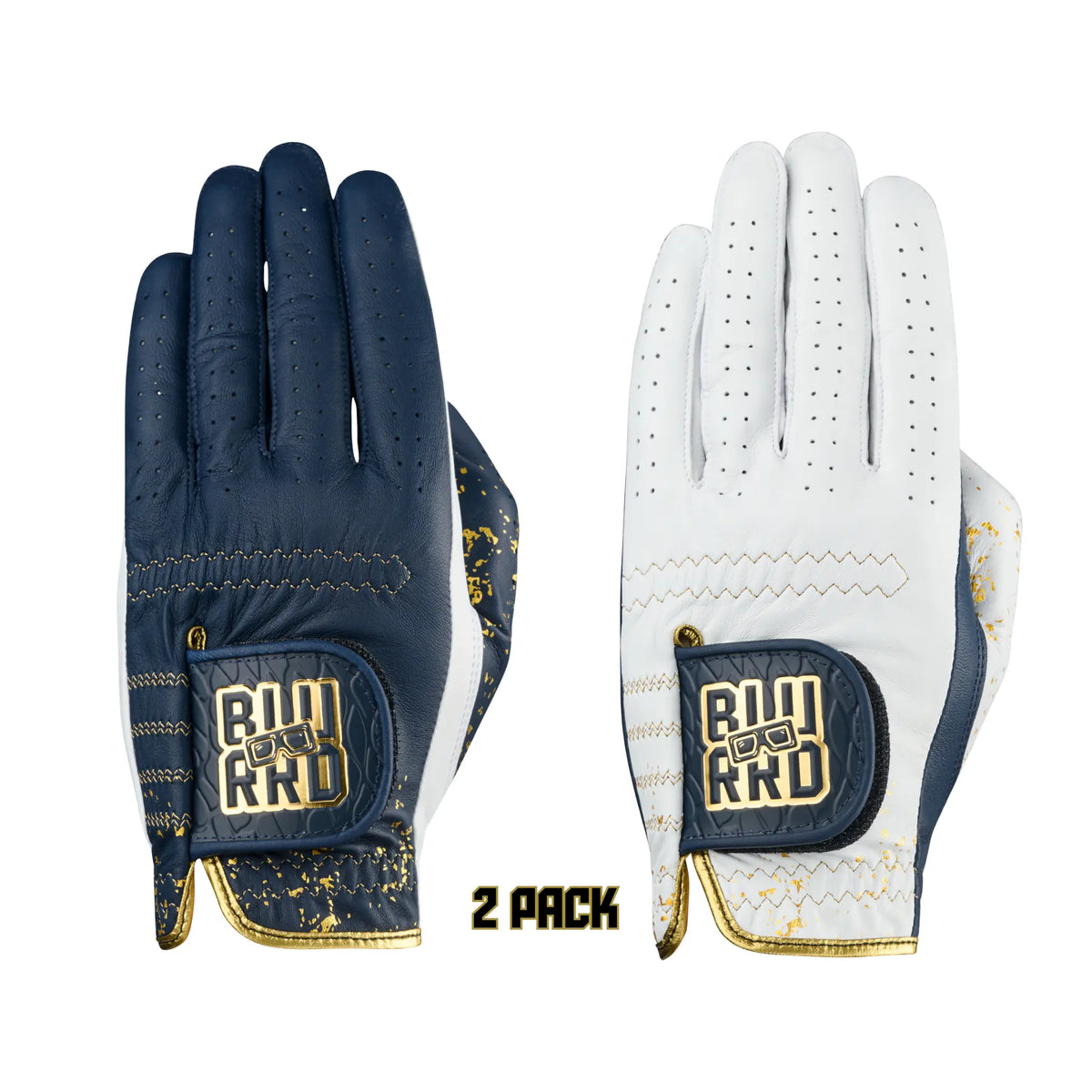 Navy and White cabretta leather golf gloves with 24K gold-leaf accents and gold metallic stitching, sold as a 2-pack