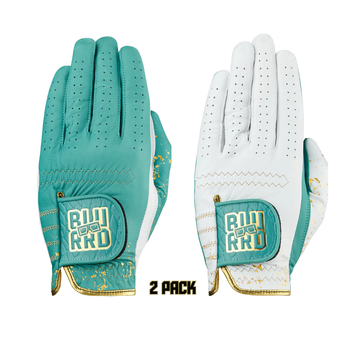 Seafoam teal and white cabretta leather golf gloves with 24K gold-leaf accents and gold metallic stitching, sold as a 2-pack