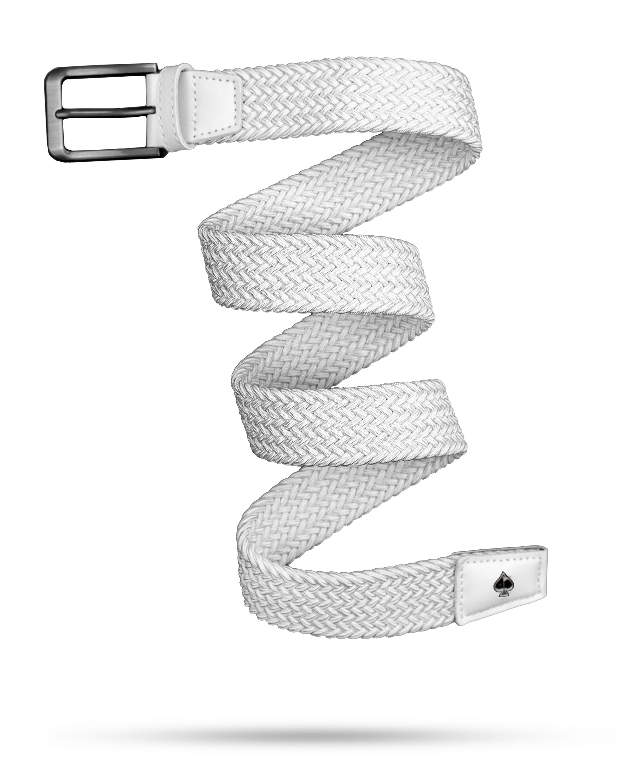 white braided golf belt with stainless buckle and spade logo