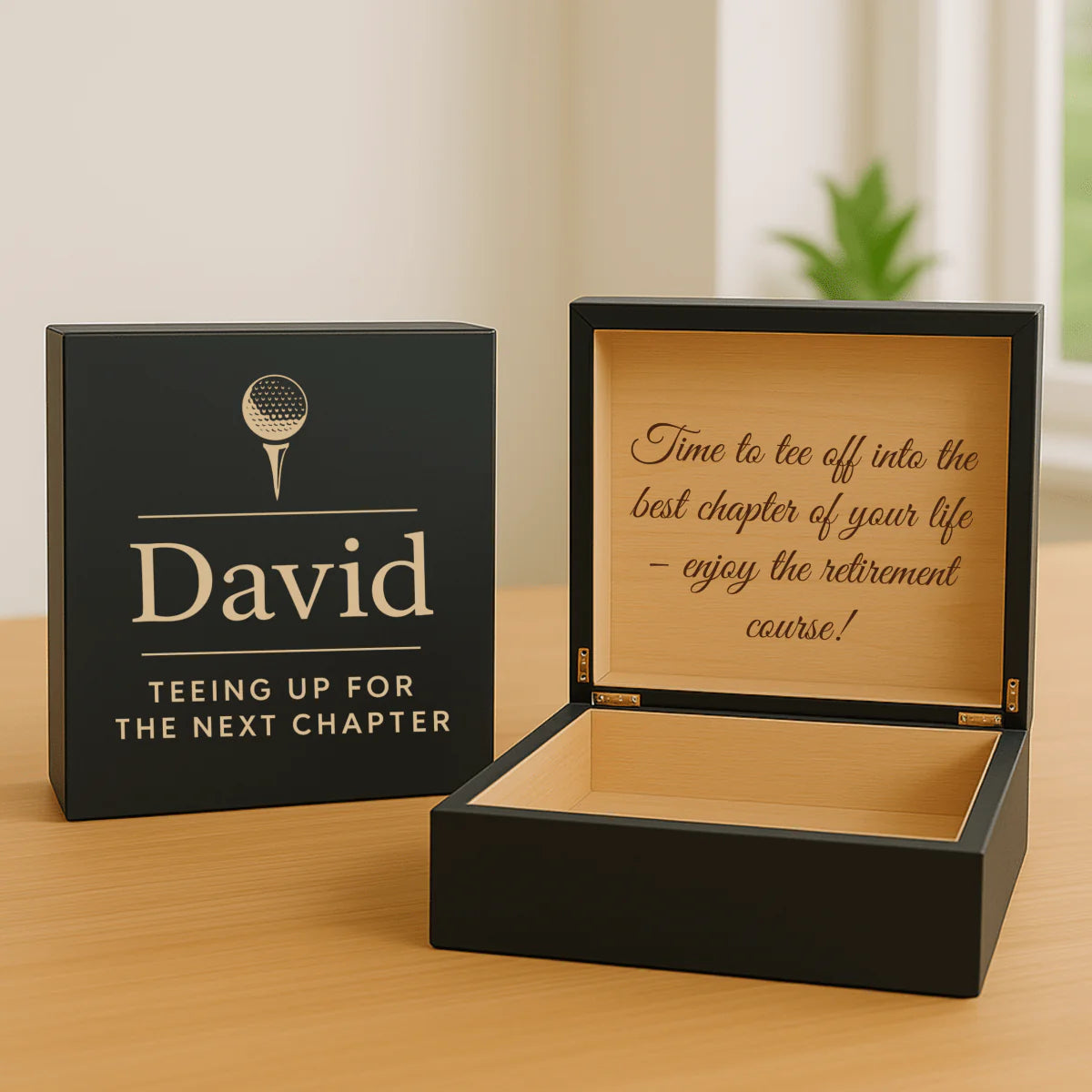 Wooden golf retirement memory box with custom name and engraved message