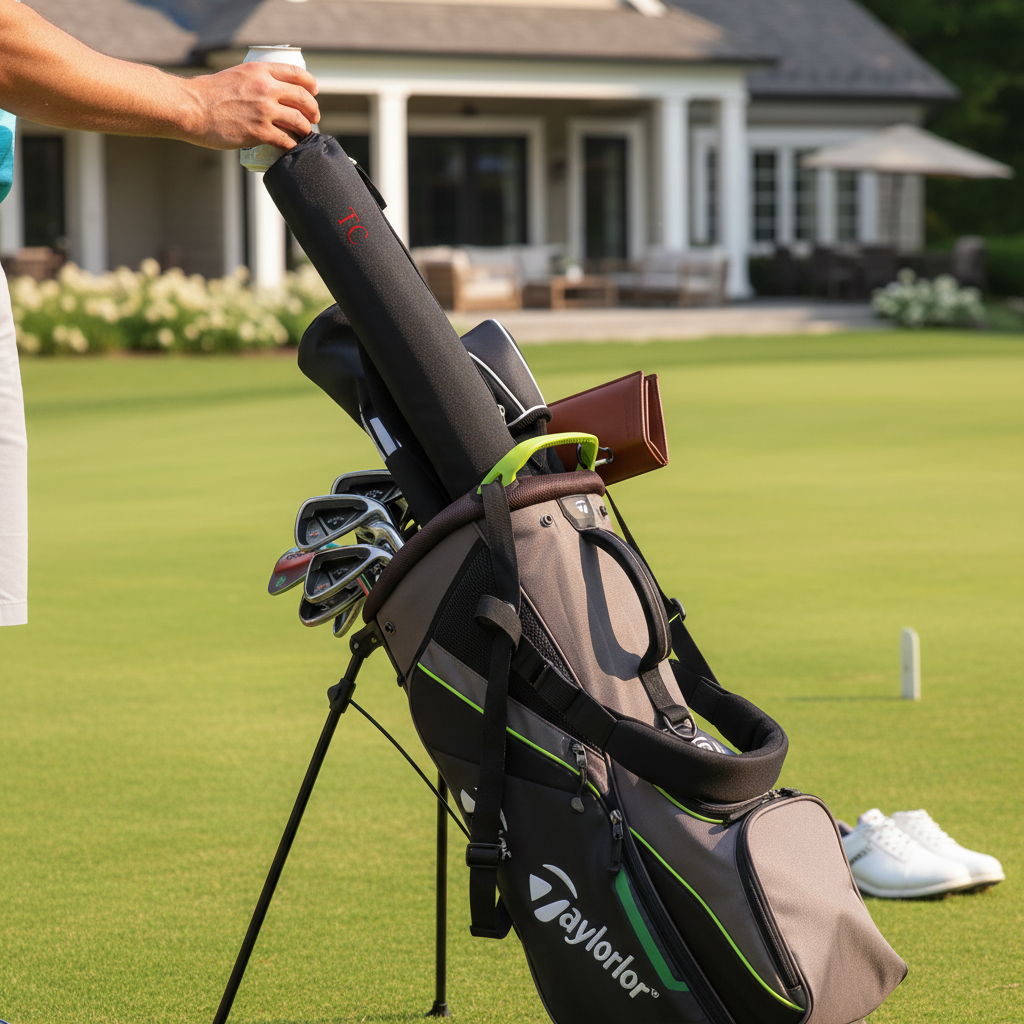 Black insulated golf bag beverage sleeve with sample embroidered initials, holding multiple cans and attached to a golf bag on the course