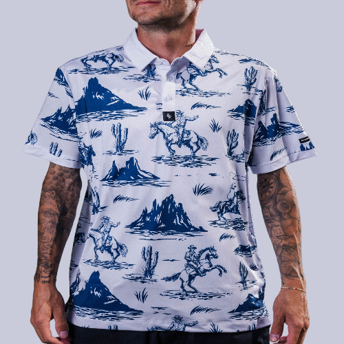 Men’s white polo with blue cowboy hats, boots &amp; lasso print – Western-inspired, breathable, and stretch-performance-ready.