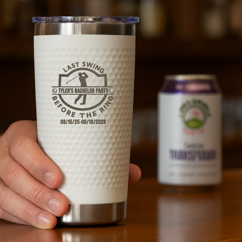 Custom bachelor party golf tumbler with engraved name and dates for groomsmen