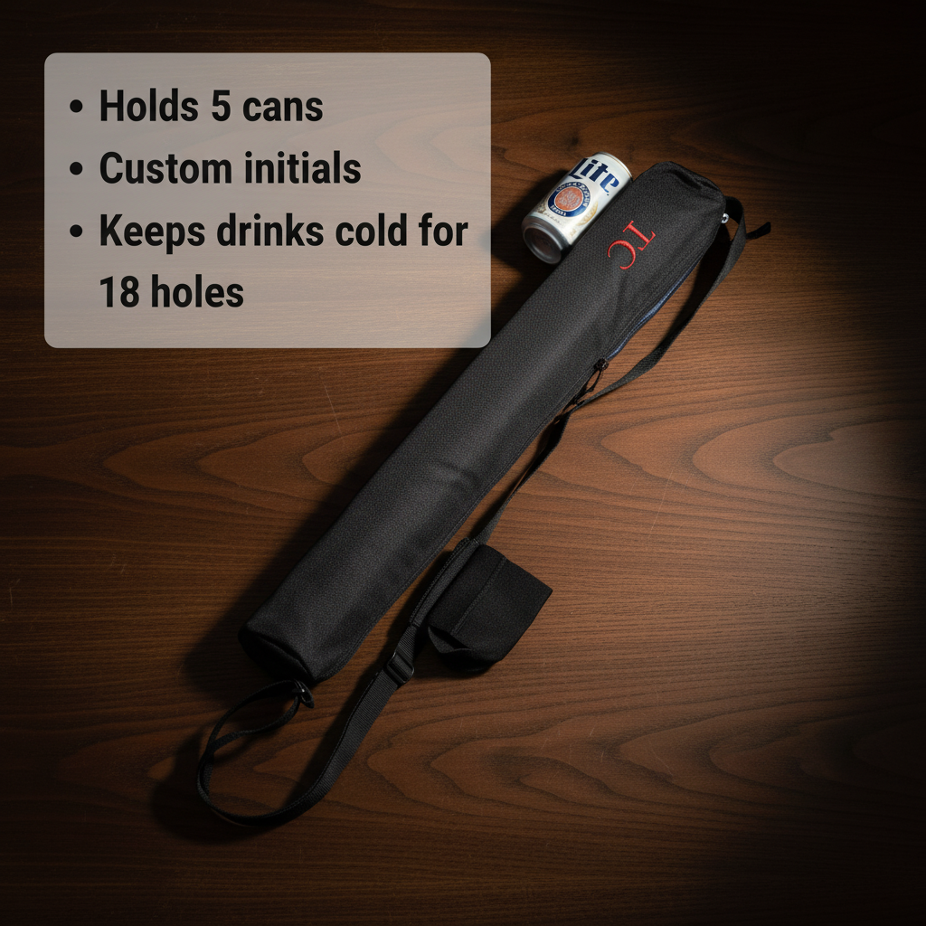 Black insulated golf bag sleeve with embroidered sample initials "JDL" in red, displayed with a beverage can and carrying strap on wooden surface