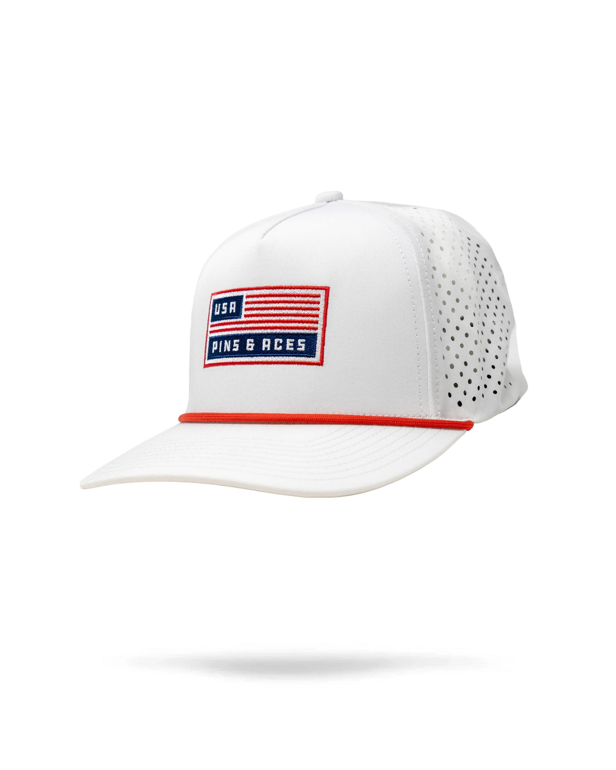 White USA golf hat with rope bill and magnetic ball marker holder