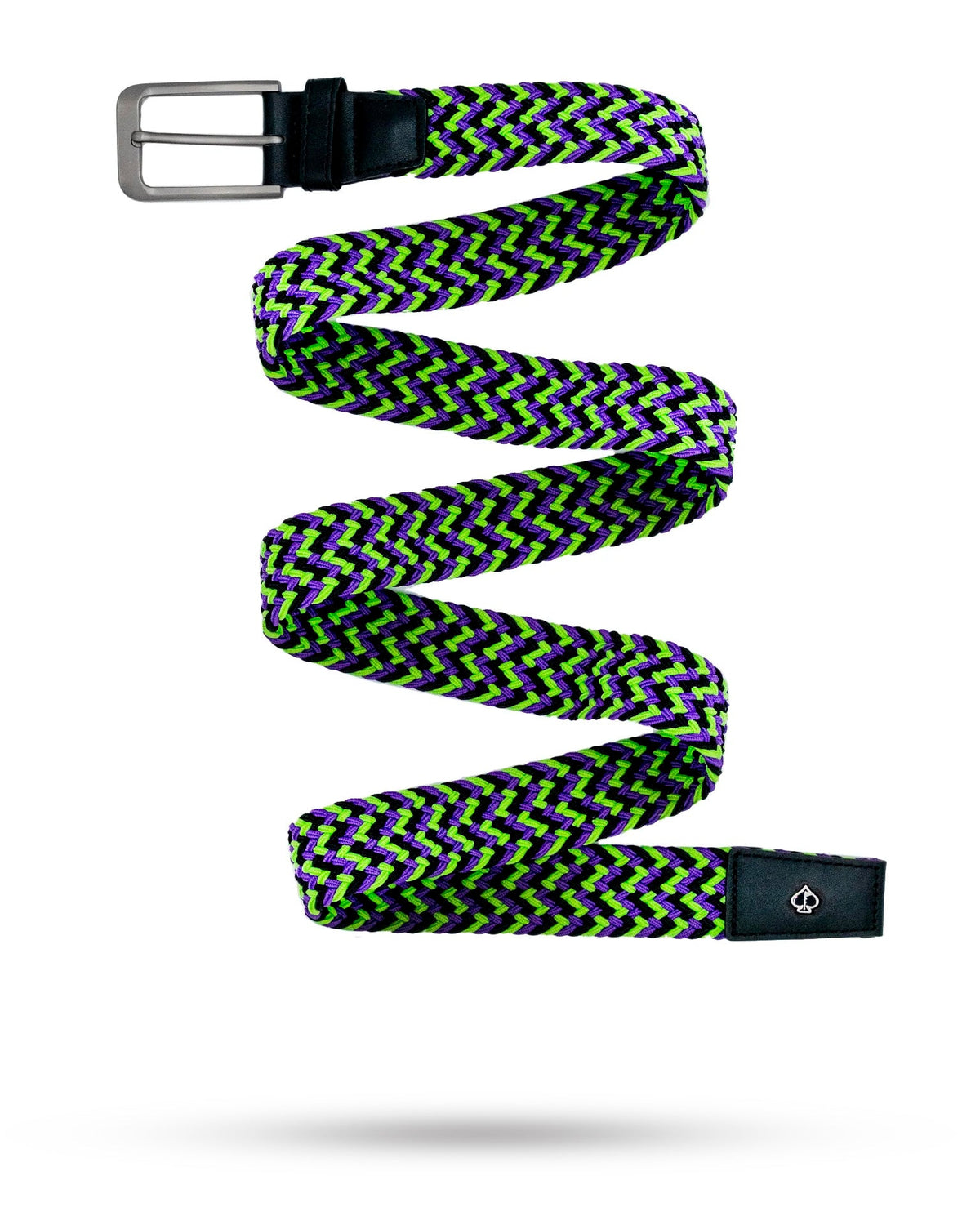 Joker-inspired green purple and black braided golf belt with stainless buckle