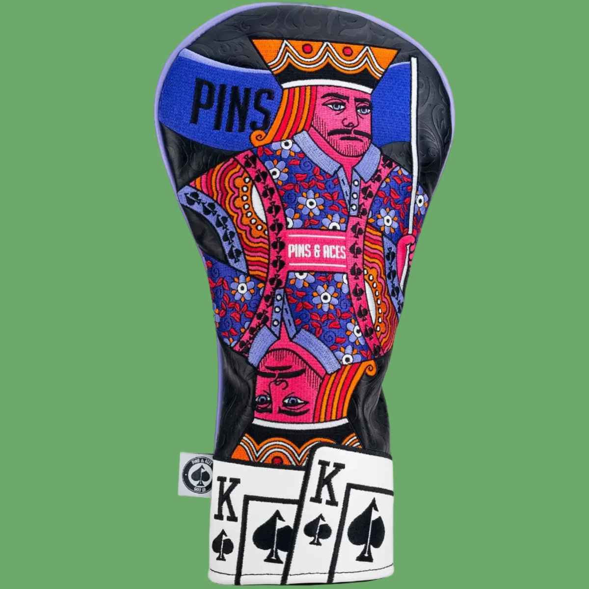 King of spades golf driver headcover with embroidered royal figure and playing card design on black vegan leather