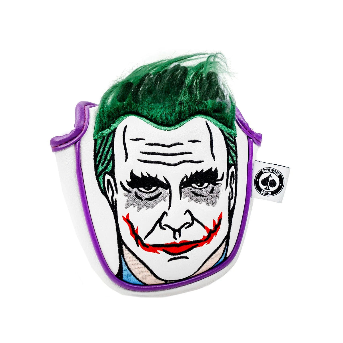 Joker-themed golf mallet putter cover with green hair and embroidered face