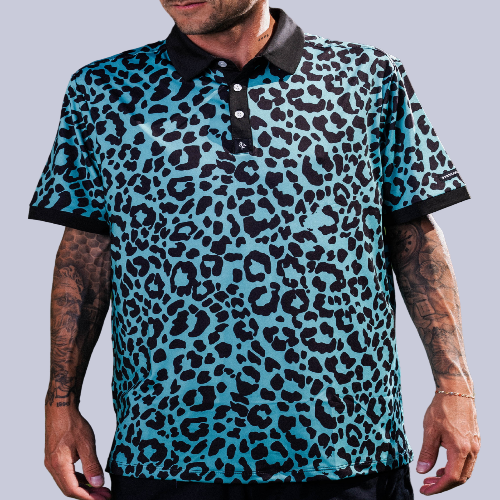Men’s teal polo with tiger-stripe pattern – bold, breathable design with stretch, UPF 50+, and moisture-wicking performance.