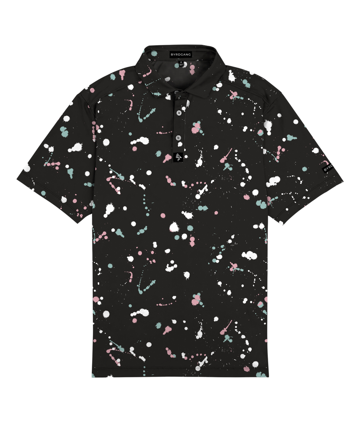 Men’s black polo with gray-white drip-speck pattern – urban-inspired, breathable, stretch-performance ready.