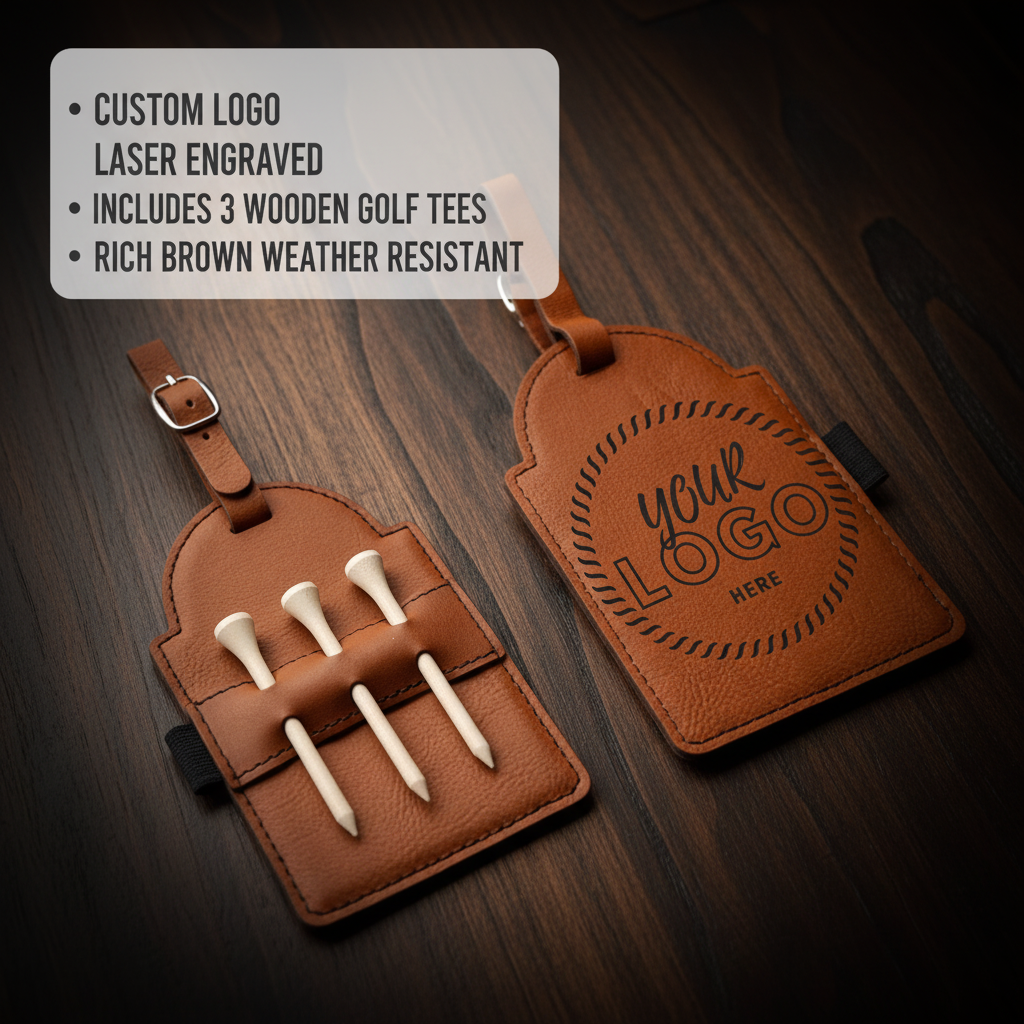 Brown vegan leather golf bag tag with three wooden tees in storage slots and sample logo engraved on front, shown open and closed with leather strap attachment.