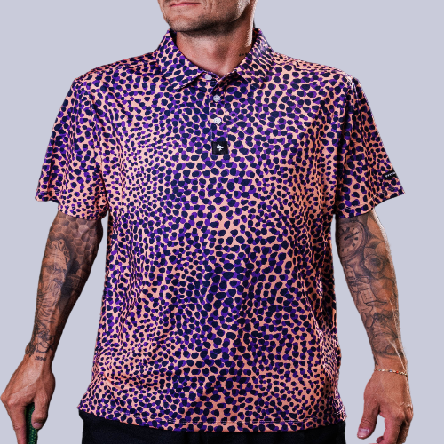 Men’s purple and tan leopard-print polo – bold animal print with stretch-performance and sun protection.