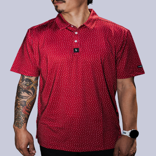 Men’s red polo with white polka dots – playful retro print with stretch, moisture-wicking, and wrinkle-resistant performance