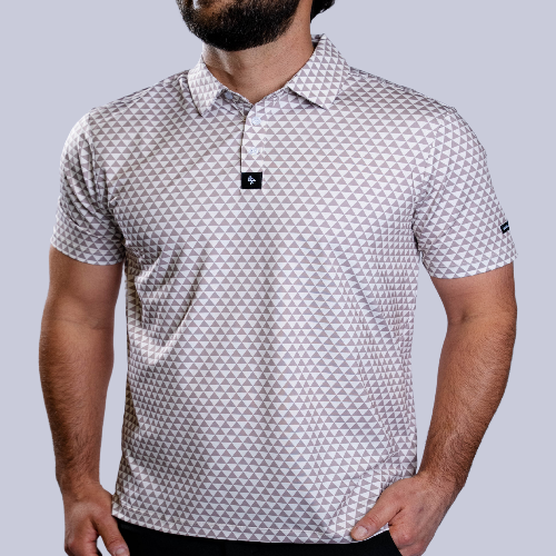 Modern beige polo with a subtle triangle pattern, 4-way stretch, moisture-wicking, UPF 50+, and wrinkle resistance for all-day comfort.