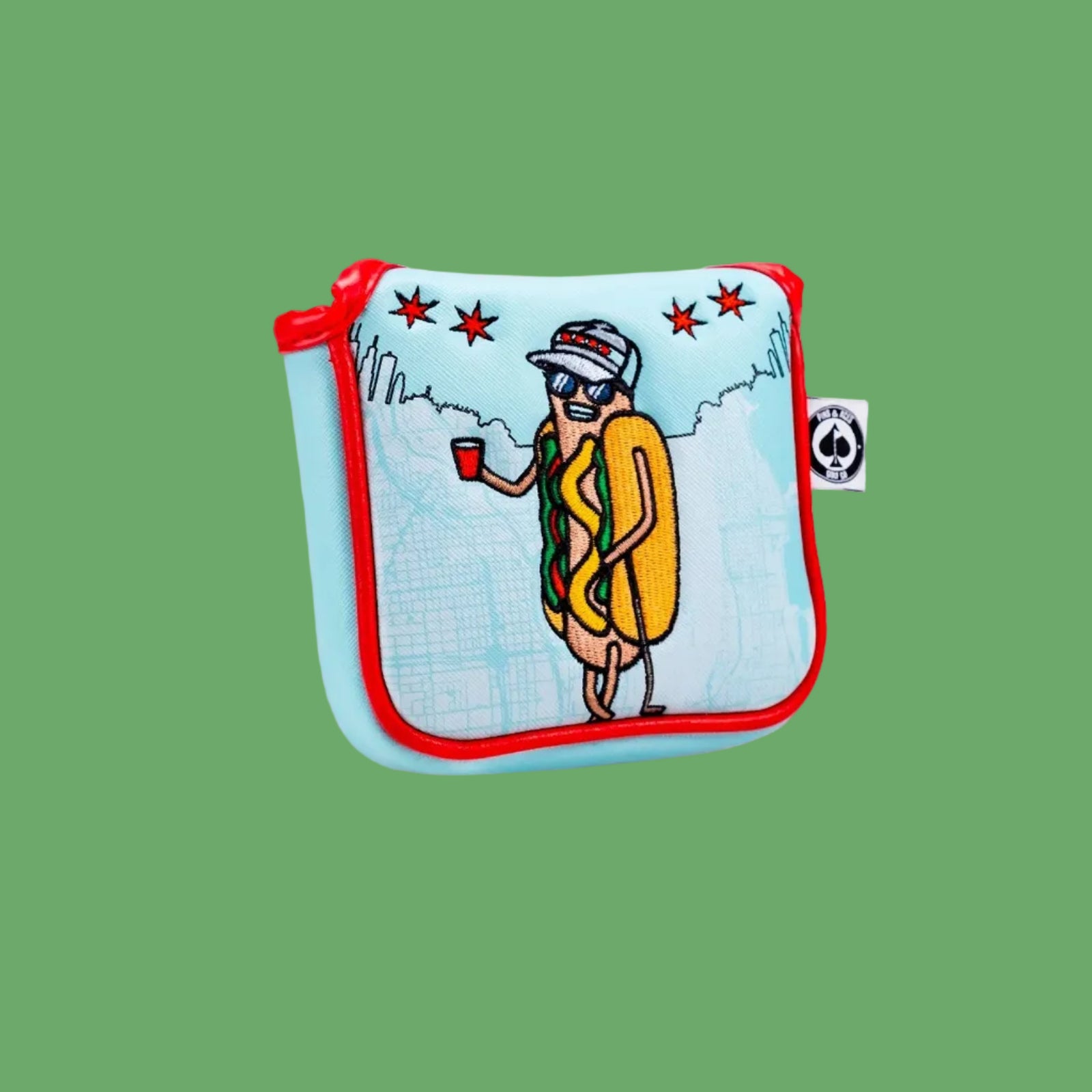 Chicago Dog Mallet putter headcover with embroidered hot dog character, city skyline, and Chicago Flag stars