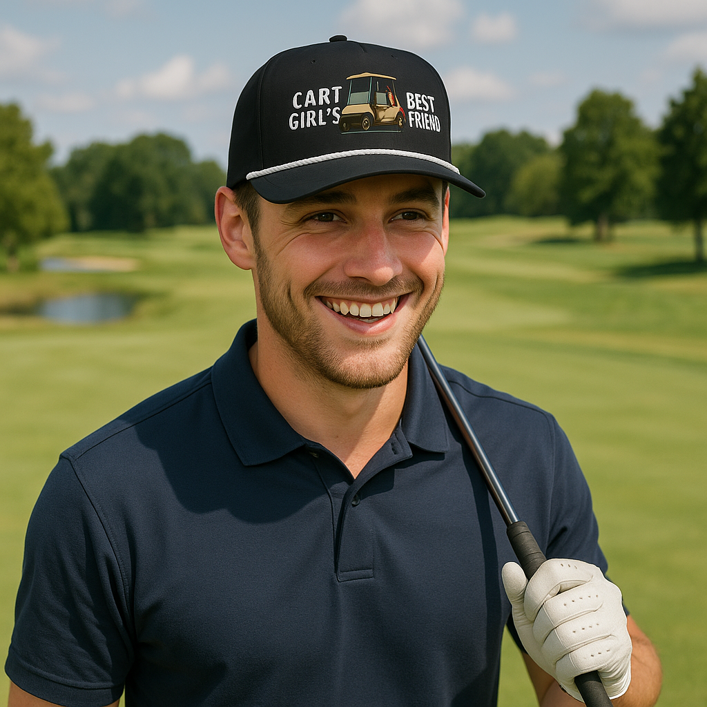 Funny golf hat with “Cart Girl’s Best Friend” and drink-filled golf cart graphic