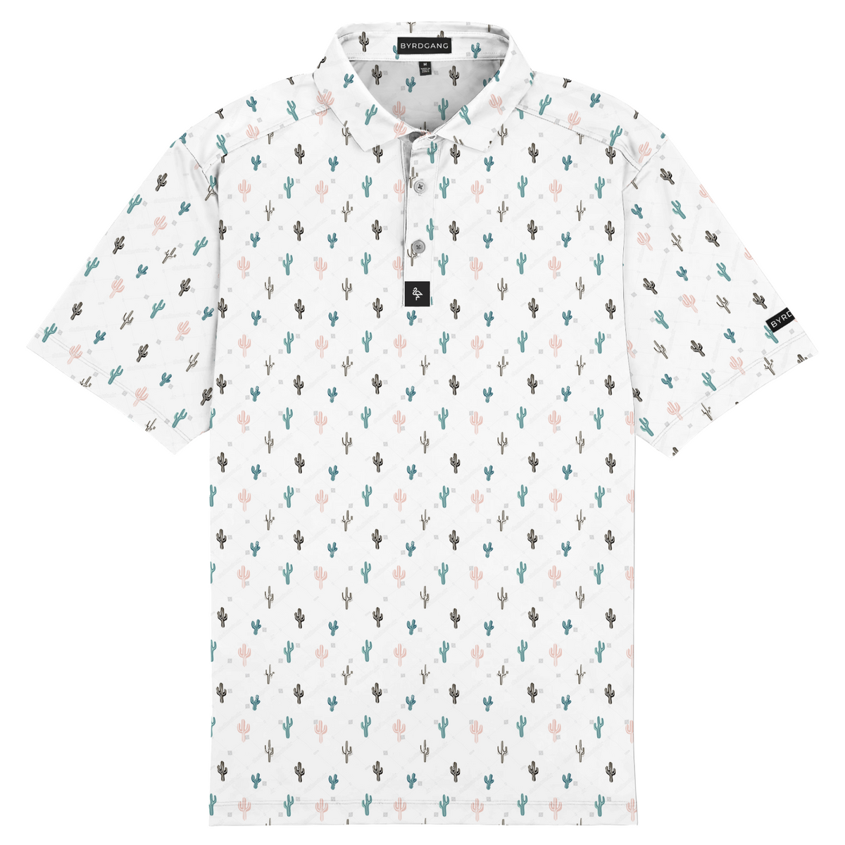 Men&#39;s white polo with small cactus print – playful desert-inspired design with stretch, sun protection, and moisture-wicking comfort.