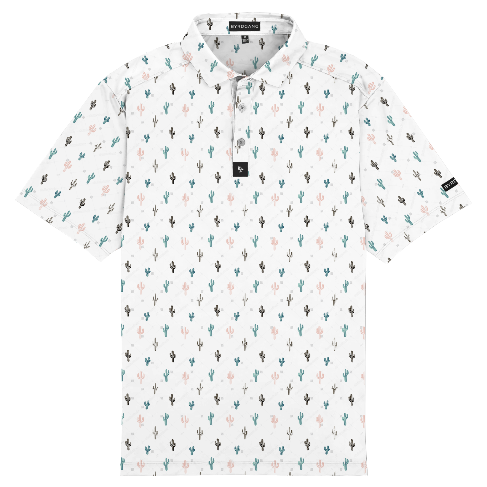 Men's white polo with small cactus print – playful desert-inspired design with stretch, sun protection, and moisture-wicking comfort.