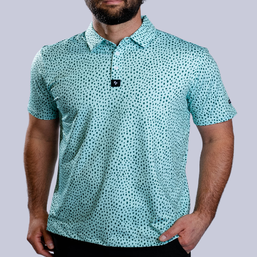 Men's mint green polo with speckled design – lightweight, stylish, and built for stretch, comfort, and performance.