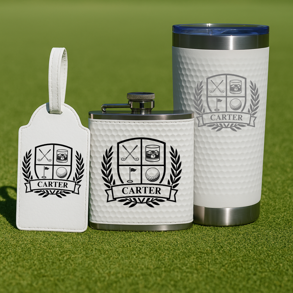 Personalized golf gift set with flask, tumbler, and golf bag tag engraved with name
