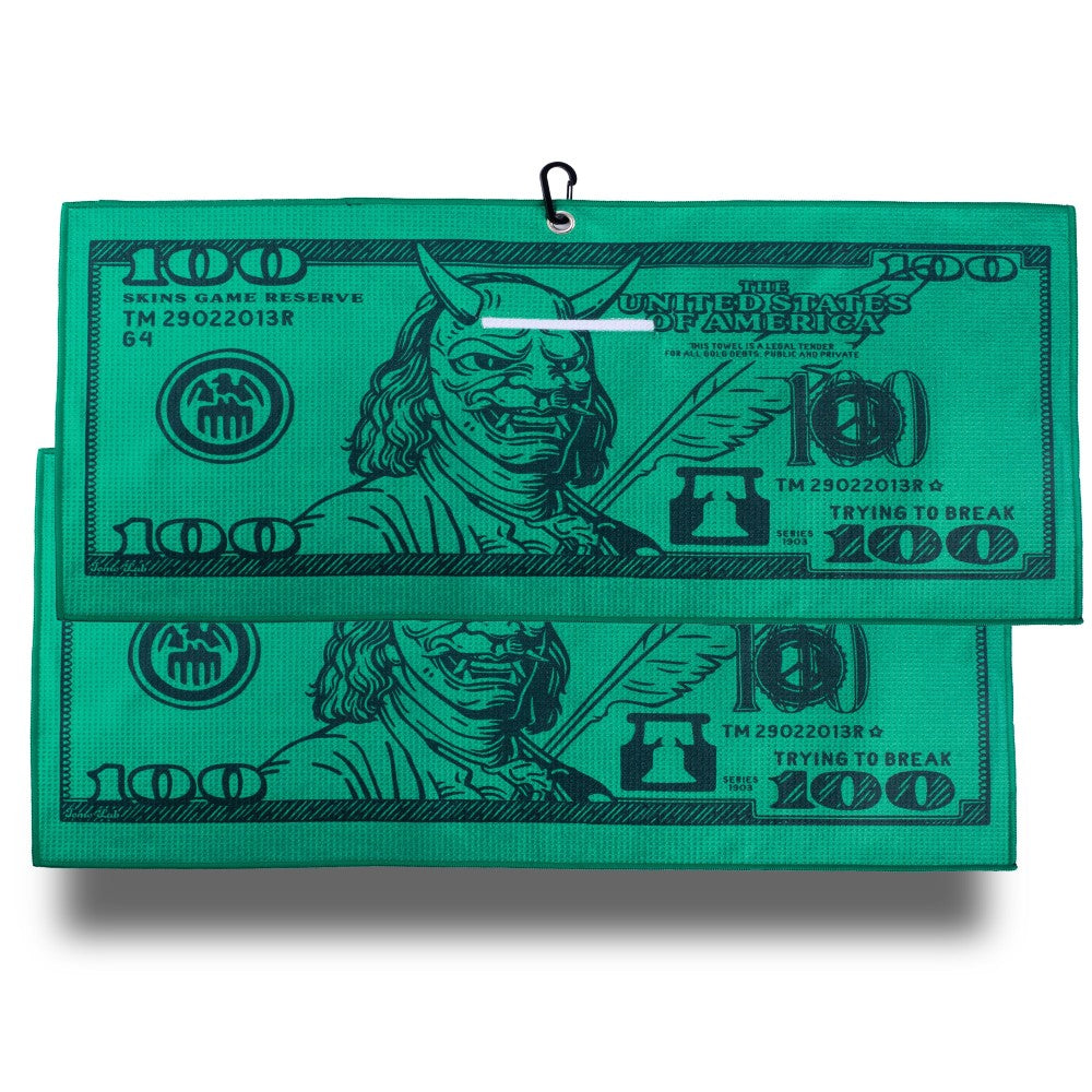 green golf utility towel with skull design and hidden water pocket