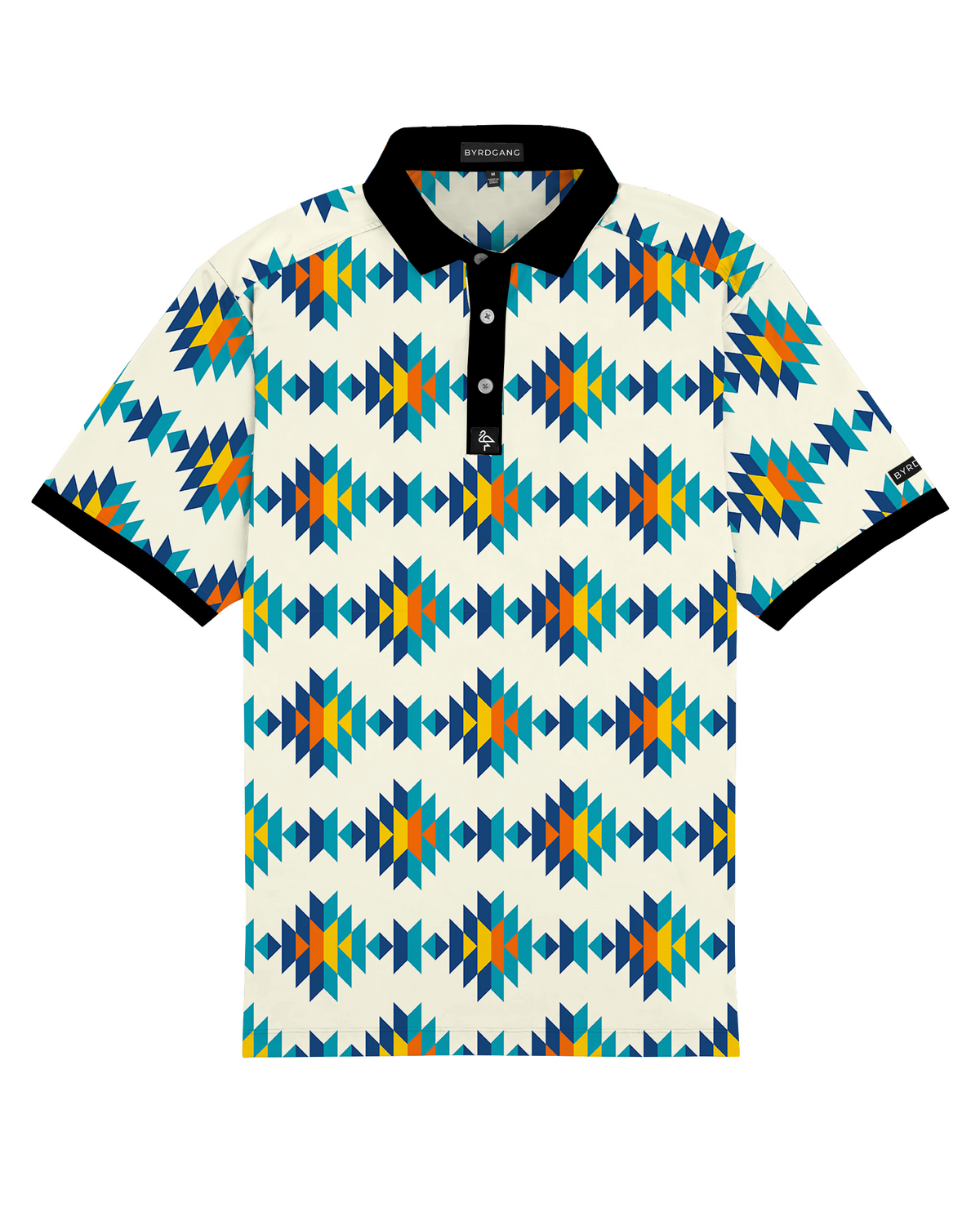 White Aztec polo with teal, orange &amp; navy diamond pattern, 4‑way stretch, UPF 50+, moisture‑wicking, anti‑odor &amp; wrinkle resistance.