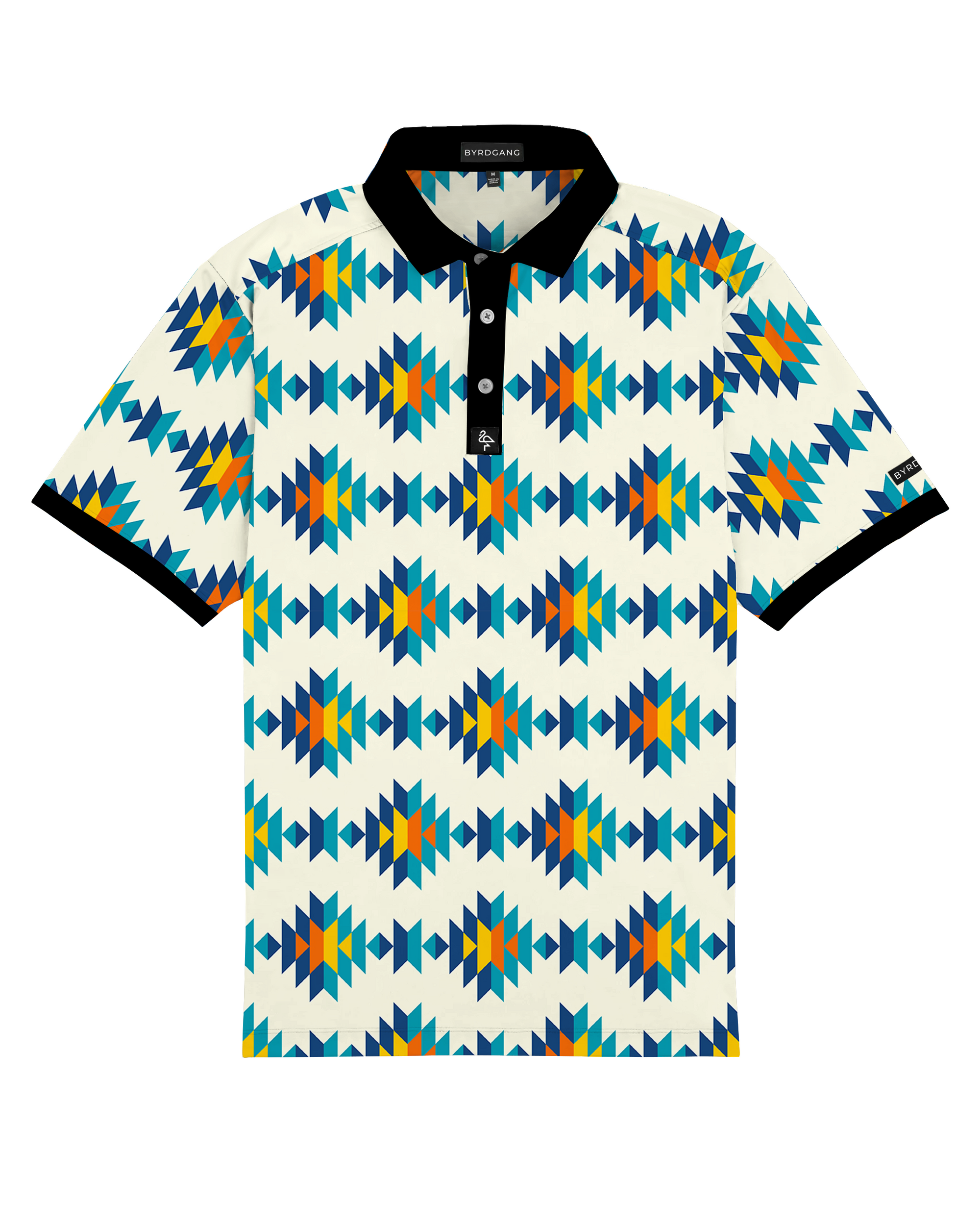 White Aztec polo with teal, orange & navy diamond pattern, 4‑way stretch, UPF 50+, moisture‑wicking, anti‑odor & wrinkle resistance.