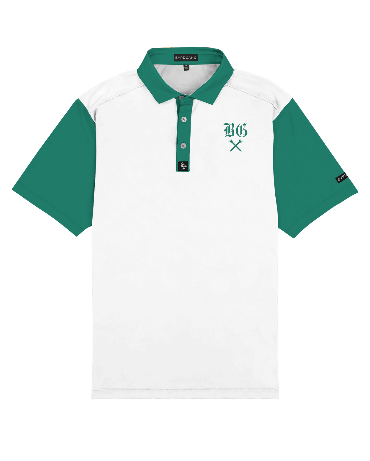 Men's white polo with green BG logo print – breathable, stretch fit with moisture control and wrinkle resistance.