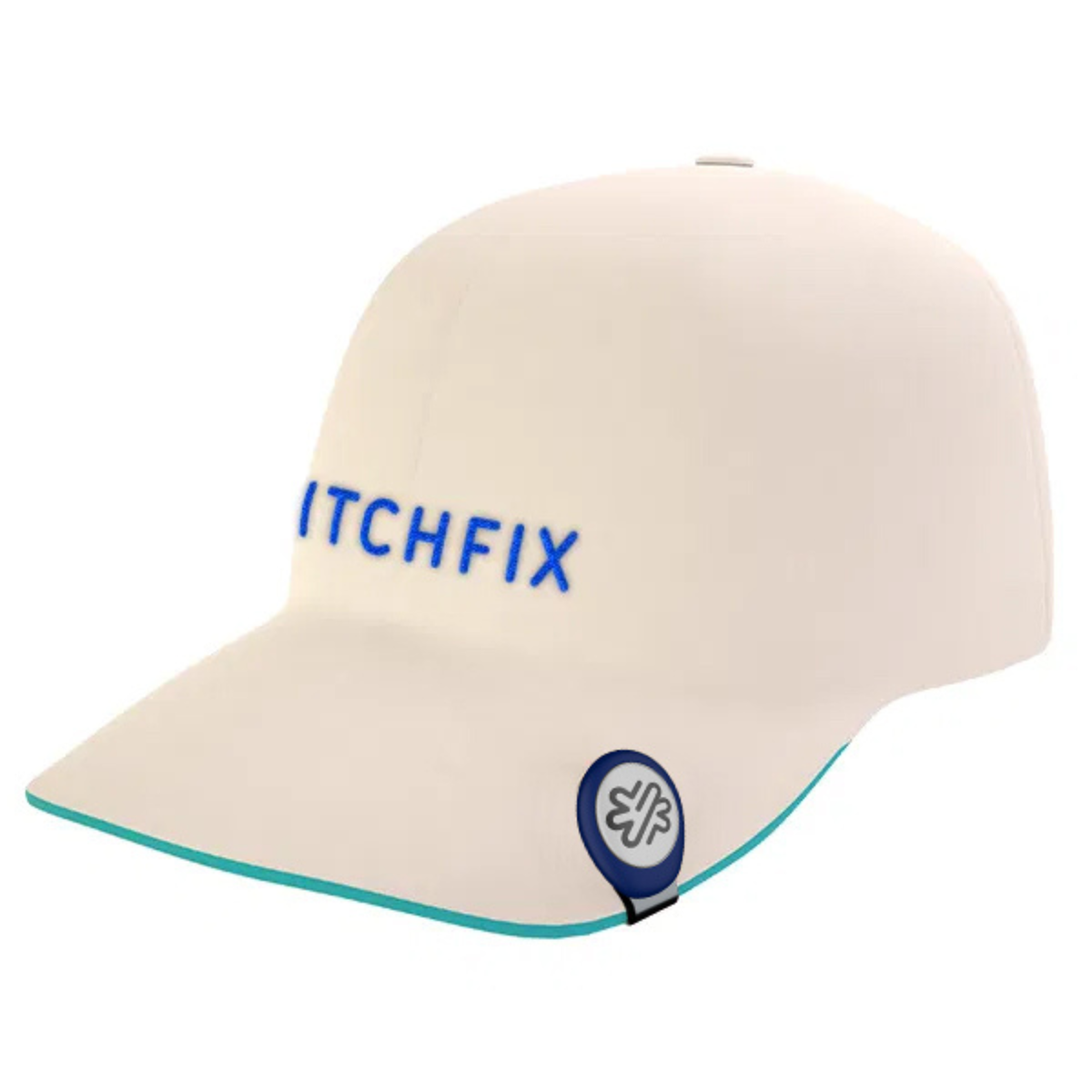 Cream-colored golf hatclip with blue "ITCHFIX" text on crown and navy magnetic ball marker clip on bill brim