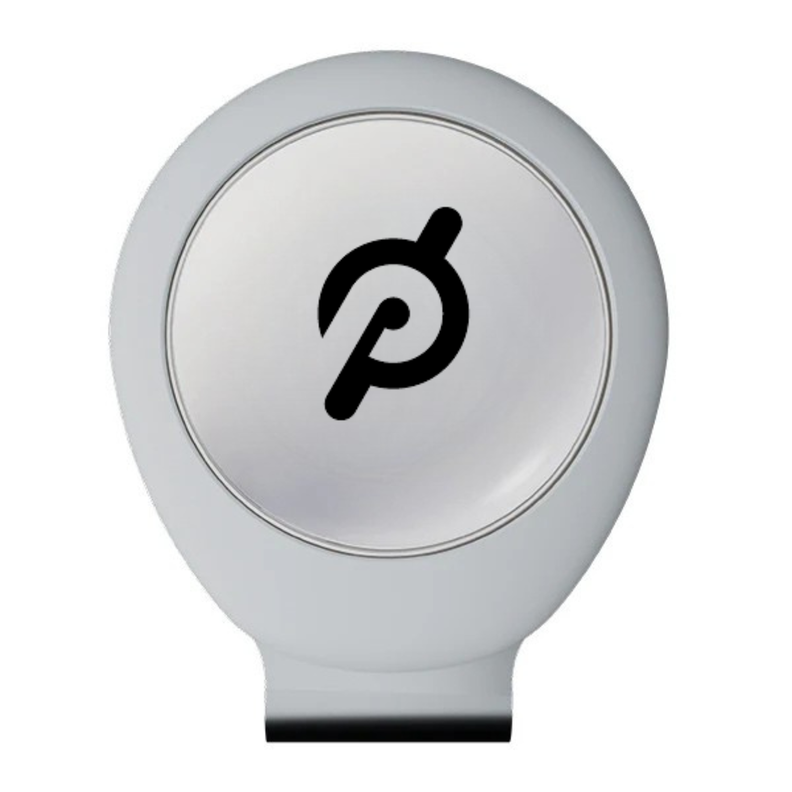 Gray oval hatclip with black magnetic ball marker symbol printed on white center face and black base stand