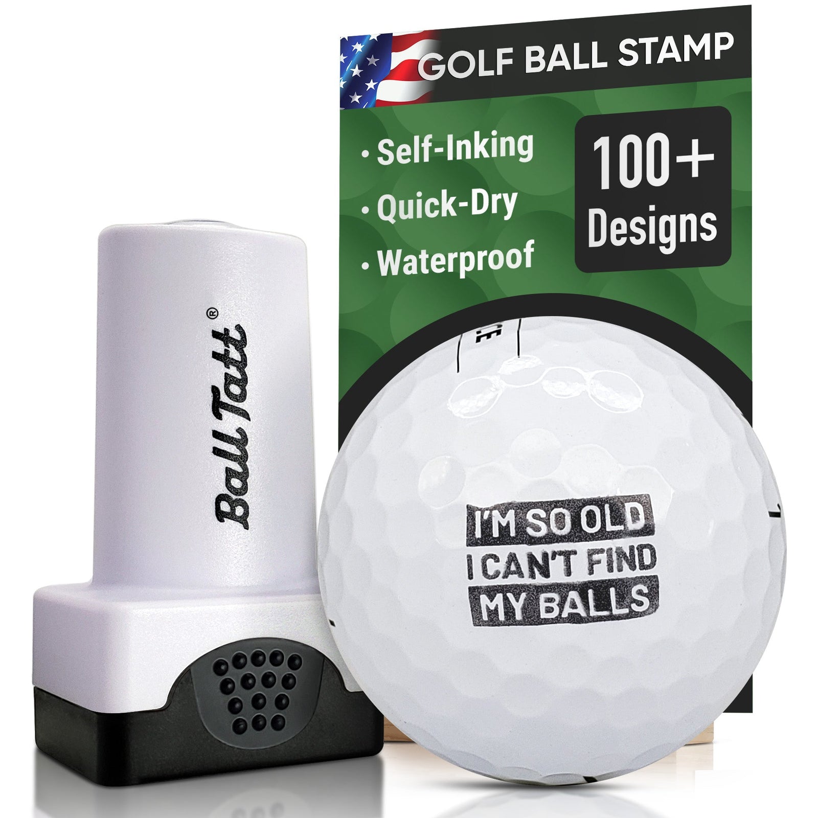 Golf ball with 'I'm so old I can't find my balls' stamp 