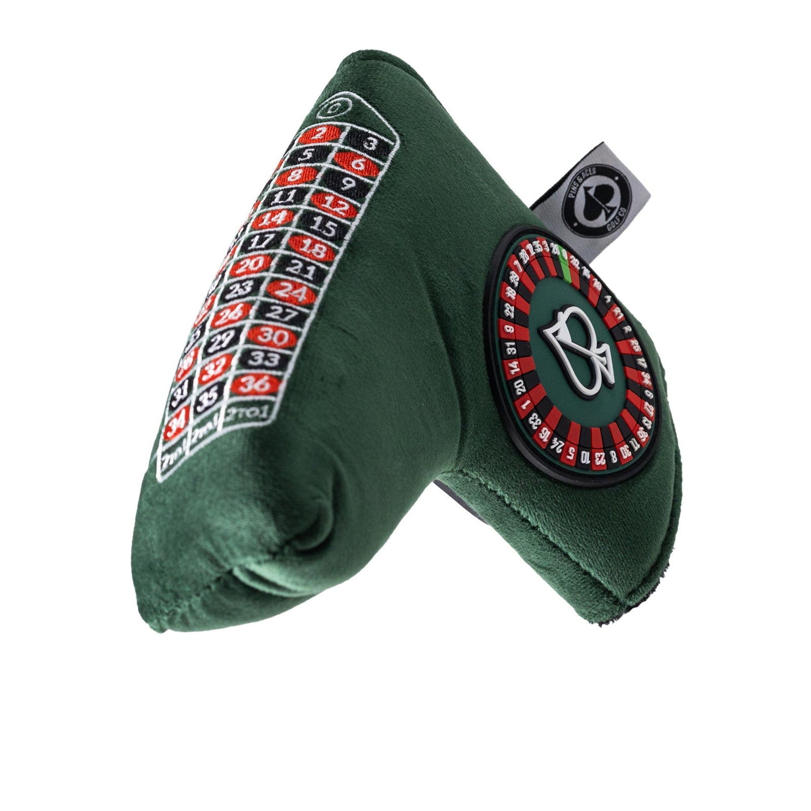 Green roulette-themed golf putter cover with embroidered casino design