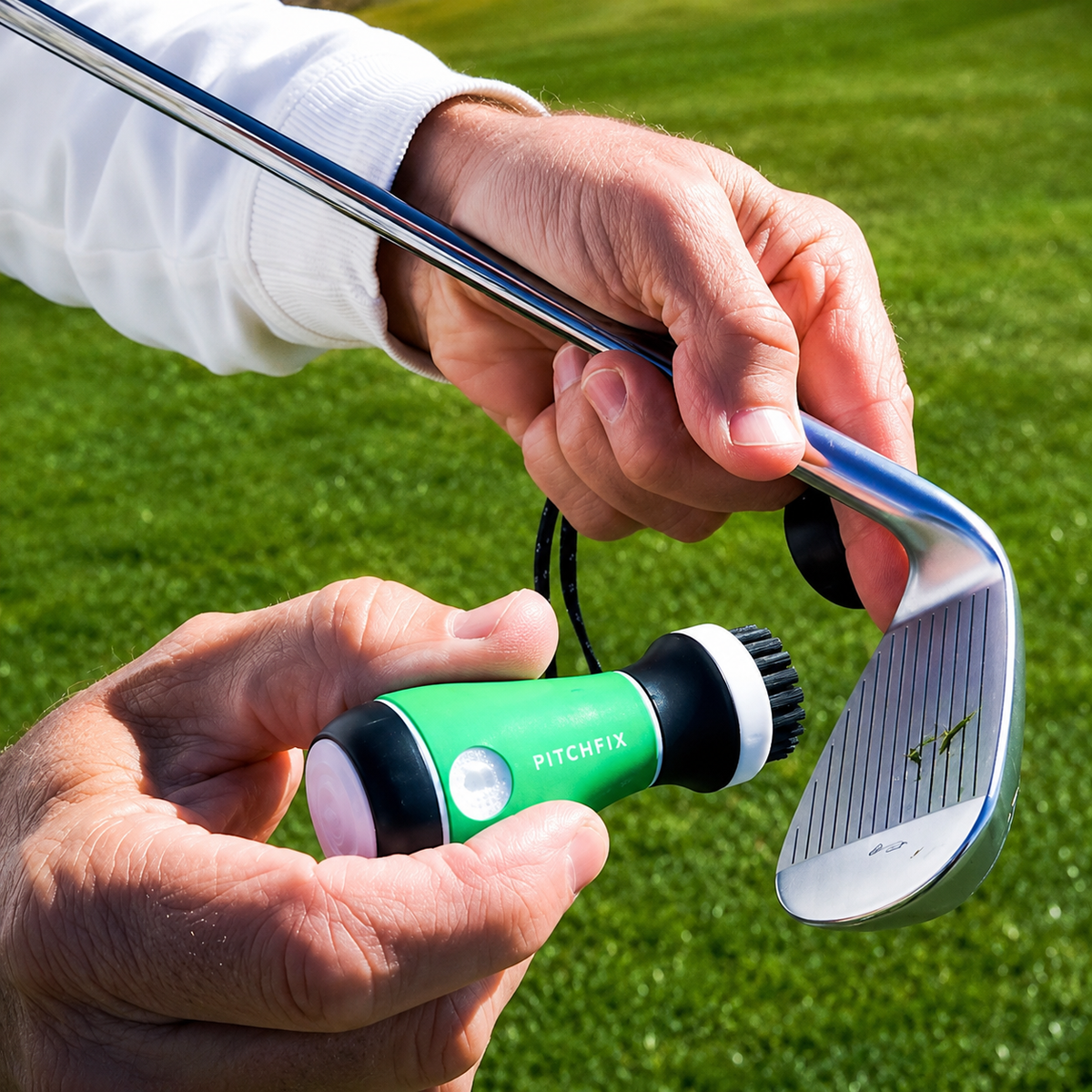 Golfer holding a green Pitchfix brush tool and blue golf club with brush head against grass course background