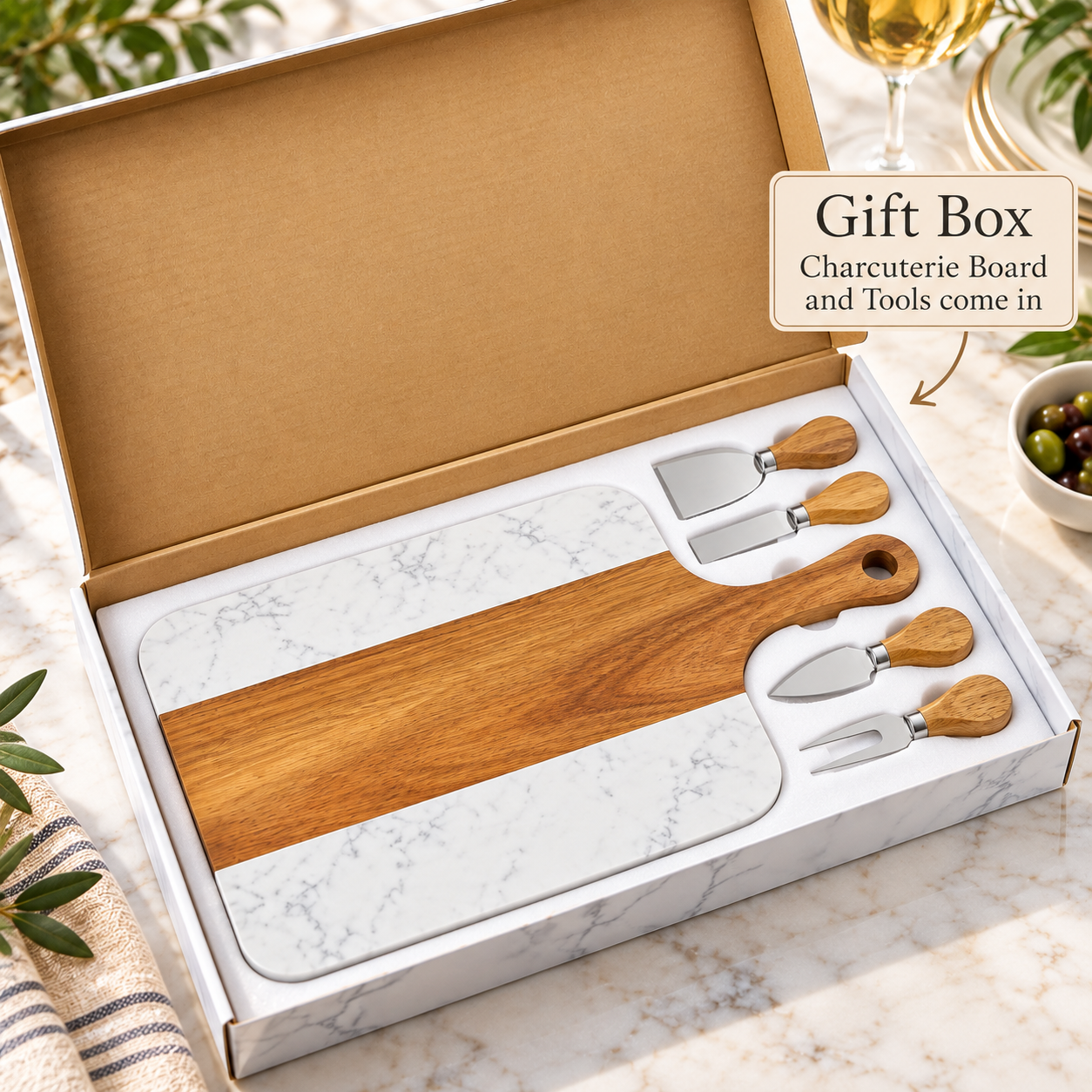 Wooden charcuterie board with stainless steel cheese knives and wooden handles, white marble tray, and three utensils arranged in a kraft gift box set