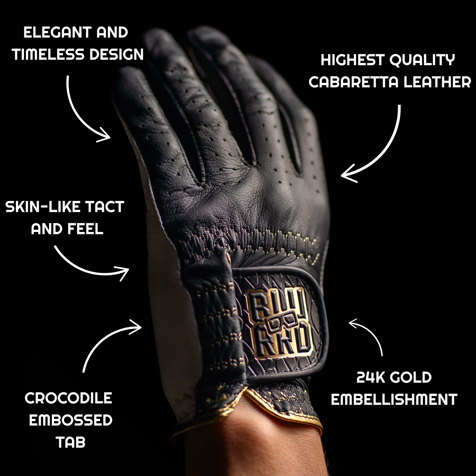 Black and white cabretta leather golf gloves with 24K gold-leaf accents and gold metallic stitching, sold as a 2-pack