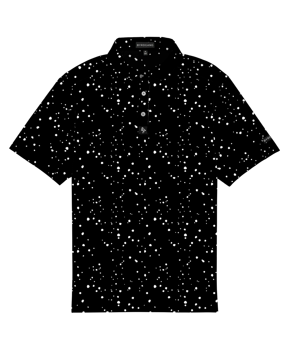 Men’s black polo with subtle gray-white speckle “cosmic sprinkle” print – sleek, breathable, stretch-performance ready.
