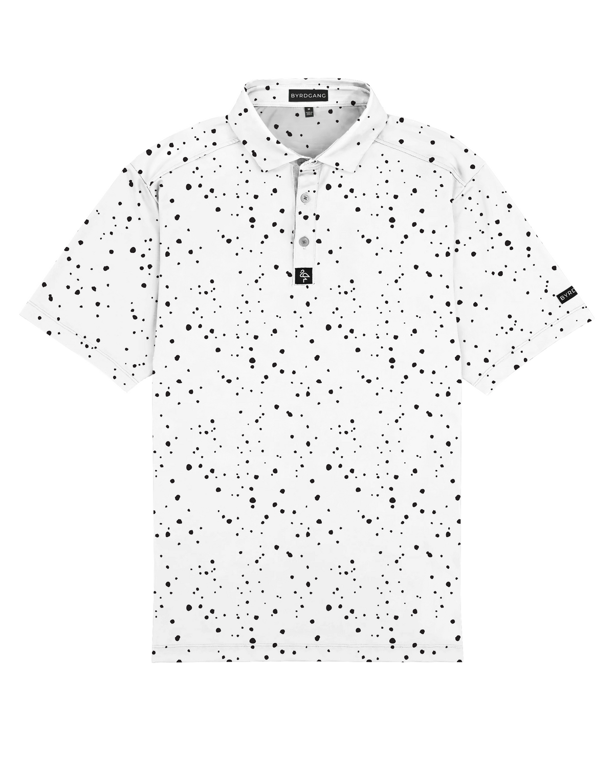 Men’s white polo with subtle grey-black dot “cosmic sprinkle” pattern—sleek, breathable, and performance-ready.