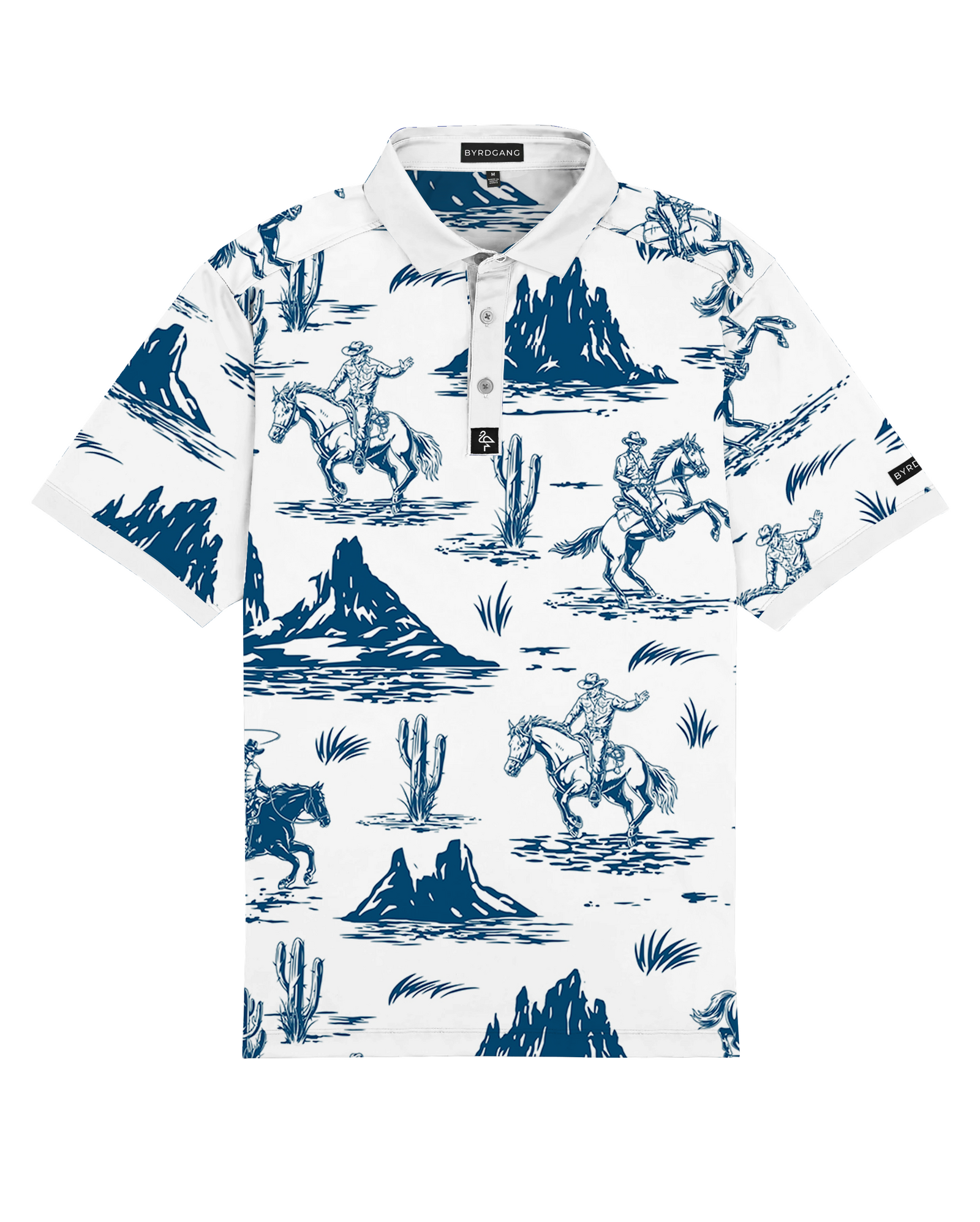 Men’s white polo with blue cowboy hats, boots & lasso print – Western-inspired, breathable, and stretch-performance-ready.